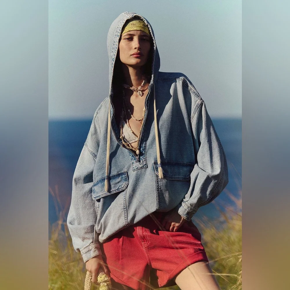 WE THE FREE/FREE PEOPLE CASEY DENIM PULLOVER HOODIE SIZE S NWOT - Picture 3 of 6